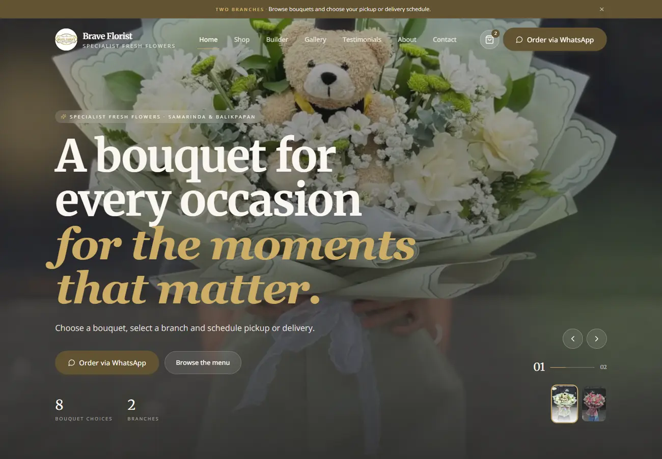 Brave Florist storefront home page, sample data