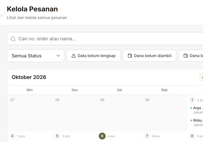 Kalender pesanan SiHedon berisi jadwal kirim harian, data contoh
