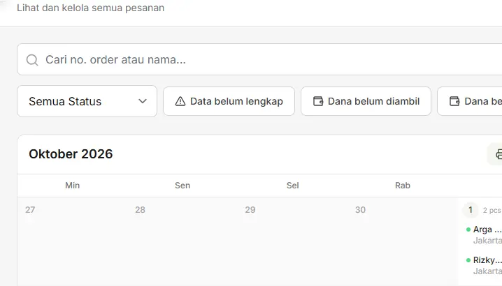 Kalender pesanan SiHedon berisi jadwal kirim harian, data contoh