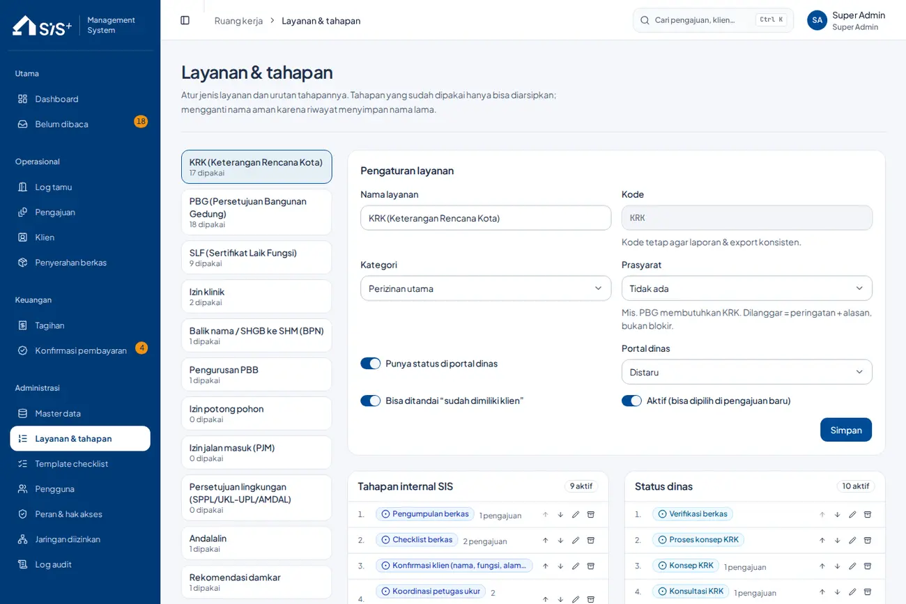 SIS service settings for KRK, PBG, and SLF with internal agency stages and government office status, sample data