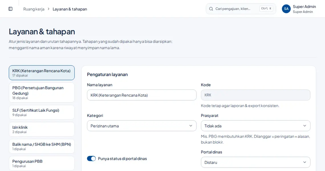 Pengaturan layanan SIS untuk KRK, PBG, dan SLF dengan tahapan internal biro dan status dinas, data contoh