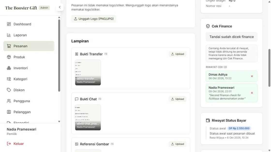 The Booster Gift order detail with attachments, finance check history, and payment status, sample data