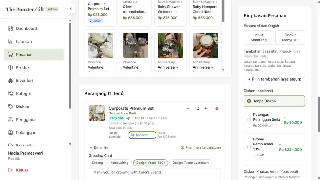 The Booster Gift order cart with an early-bird price that applies from 10 pcs, sample data