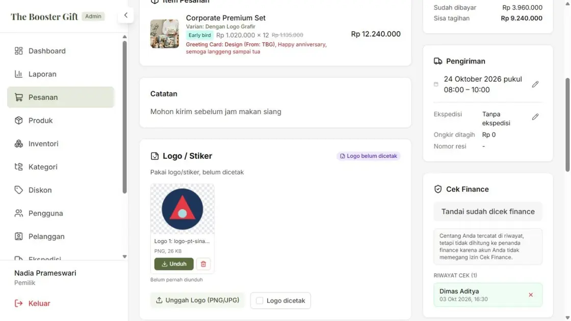 The Booster Gift order with the customer logo and a not-yet-printed marker, sample data
